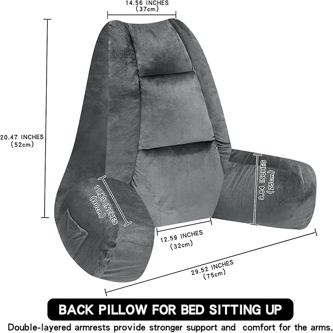 RRPAHWTV Reading Pillow for Bed with High Arm Rests,Back Support Pillow for Sitting Up in Bed with Shredded Memory Foam for Reading, TV, Gaming or Relaxing on Floor（Grey，Small）