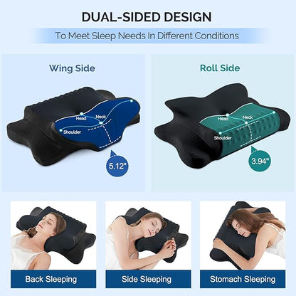 Cervical Pillow for Neck Pain Relief - Cooling Ergonomic Dual-Sided Orthopedic Neck Pillow with Ice Silk Pillowcase, Breathable Memory Foam Contour Pillow for Side, Back, Stomach Sleepers,All Black