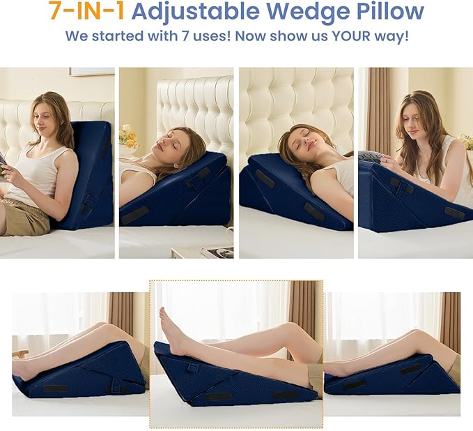 Sasttie Wedge Pillow for After Surgery, Adjustable Bed Wedge Pillow Headboard for Acid Reflux, Sleeping, Neck & Back Support, with Removable Cover, Navy