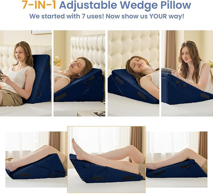 Sasttie Wedge Pillow for After Surgery, Adjustable Bed Wedge Pillow Headboard for Acid Reflux, Sleeping, Neck & Back Support, with Removable Cover, Navy