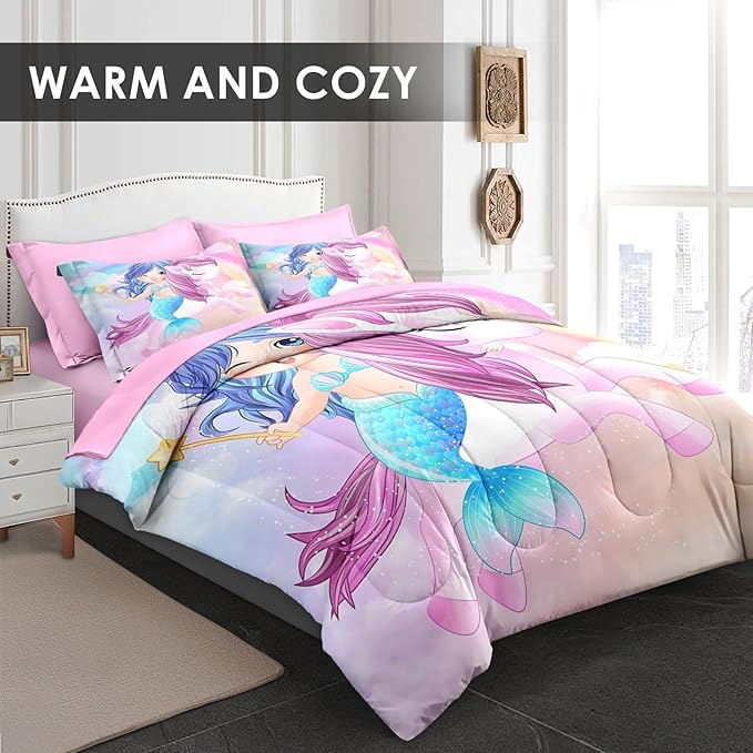 Queen Size Comforter Set with 2 Pillowcases & 2 Shams, Cute Unicorn Mermaid 7 Pcs Bedding for Kids and Teens, Love Kids Rainbow Bed in a Bag with Flat Fitted Sheet