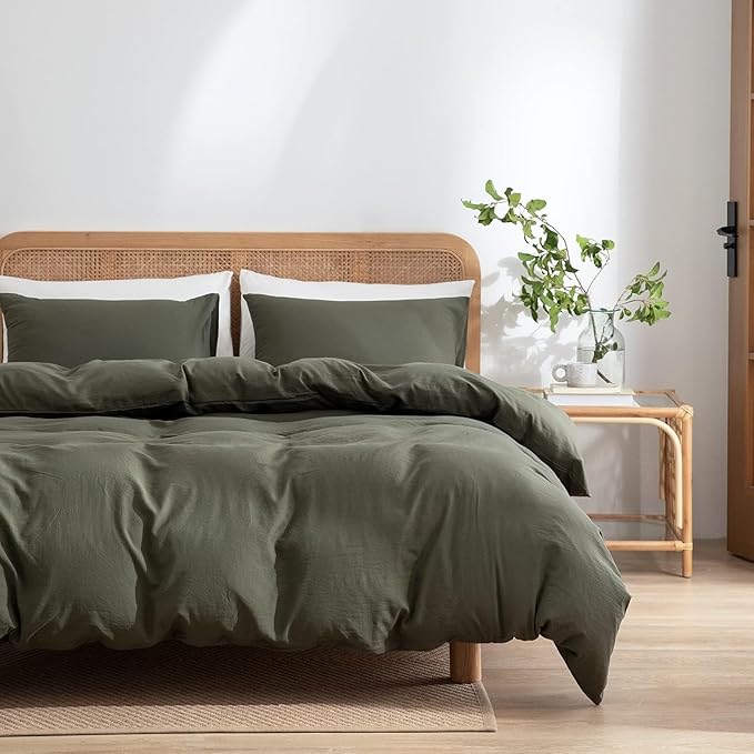 Jane yre Dark Green Duvet Cover Queen, 100% Washed Microfiber 3 Pieces Dark Green 1 Duvet Cover +2 Pillowcases with Zipper Closure, Soft Natural Slight Wrinkled Comfy