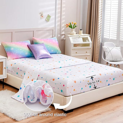 A Nice Night 6Pcs Gradient Glitter Bedding Set for Girls Full Size, Colorful Rainbow Galaxy Comforter Set, Ultra Soft Bedding Sets, Pink