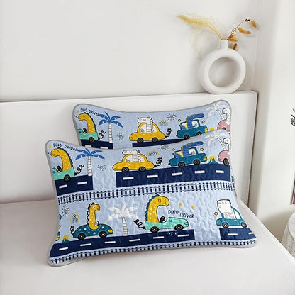 QOOMO Cartoon Car Quilt Set Full/Queen Size,Dinosaur Bedspread Coverlet Set,Vehicle 3Pcs Bedding Set Printed Quilt with 2 Pillowcases,Soft and Lightweight,for All Seasons