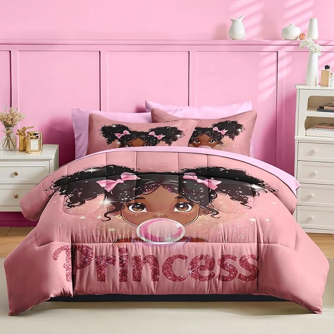 Nesker 7 Pcs Comforter Set Queen Size, African American Princess Bubbles Bedding for Kids Teen, Pink Black Girl with Fitted Sheet 2 Pillowcases & 2 Shams for Bedroom Bed Decor