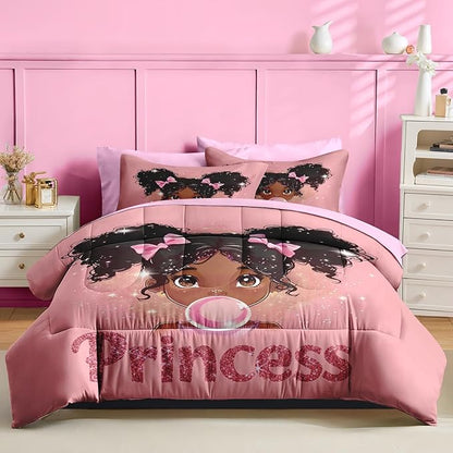 Nesker 7 Pcs Comforter Set Queen Size, African American Princess Bubbles Bedding for Kids Teen, Pink Black Girl with Fitted Sheet 2 Pillowcases & 2 Shams for Bedroom Bed Decor