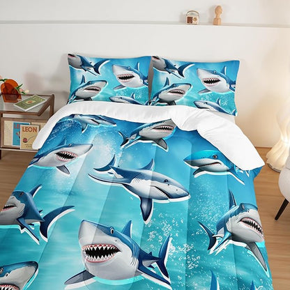 HOSIMA Teens Shark Print Bedding Sets King Size,Shark Swimming in The Underwater World Pattern Comforter Sets for Kids Boys Girls,Ocean Animal Theme Comforter Sets with Two Pillowcases.