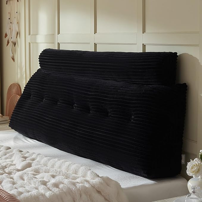 Headboard Wedge Pillow + A Long Neck Roll Pillow Body Pillow，Large Headboard Pillow with Removable Cover (Black, King：76x8x20 inches)
