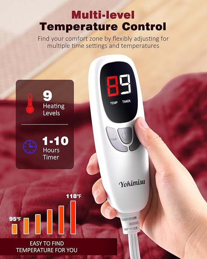 Heated Blanket Throw, Wearable Heated Blanket Two Buttons, 50x60 Inches Soft Flannel Electric Throw, 9 Heating Levels & 10 Options Auto Off, for Home, Office (Red)