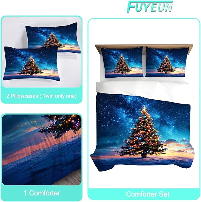 Christmas Tree Bedding Set Full/Queen Size Blue Galaxy Comforter for Kids Girls Teen Women Space Xmas Holiday Bedroom Quilt Bed Sets, 1 Comforter 2 Pillowcases