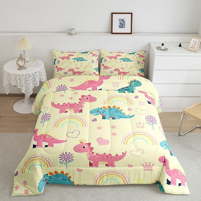 Castle Fairy Kawaii Dino Full Size Comforter Set,Cute Rainbow Floral Love Heart Reversible Bedding Set Bedroom Collection,Pink Yellow Dinosaur Lovely Animal Soft Quilted Duvet for Girls Teens