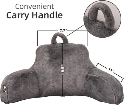 A Nice Night Faux Fur Reading Pillow Bed Wedge Large Adult Children Backrest with Arms Back Support for Sitting Up in Bed/Couch for Bedrest,Gray,Large