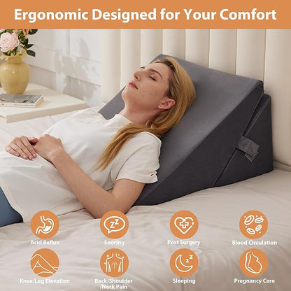 Wedge Pillow, 9&12” Adjustable Bed Wedge Pillow for Sleeping, Triangle Pillow for Back Pain Relief, Memory Foam Pillow Wedge for Post Surgery, Acid Reflux and Snoring, GERD, Grey