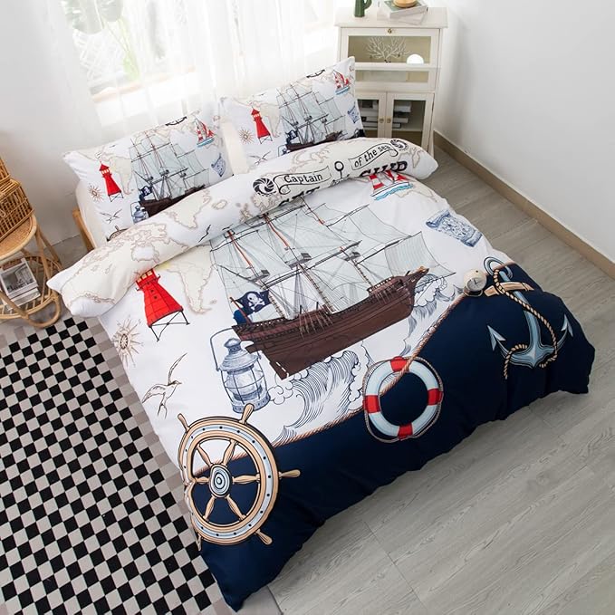 CVHOUSE Nautical Bedding Set Queen Size,Nautical Sailboat Bed for Boys Teens,Ocean Themed Sailing Anchor Comforter Cover Soft,Anchor Duvet Quilt Queen 89'x89'