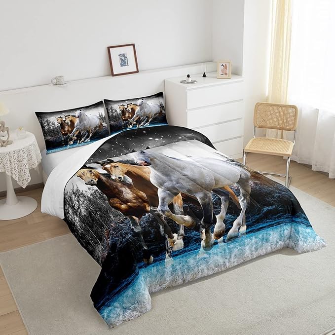 Feelyou Horse Comforter Set Galloping Horse Bedding Set for Kids Boys Girls Wildlife Comforter Farm Animal Quilt Set 1 Comforter Set with 2 Pillowcases Queen Size