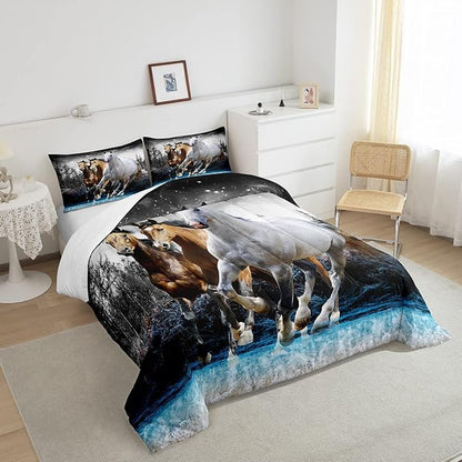 Feelyou Horse Comforter Set Galloping Horse Bedding Set for Kids Boys Girls Wildlife Comforter Farm Animal Quilt Set 1 Comforter Set with 2 Pillowcases Queen Size