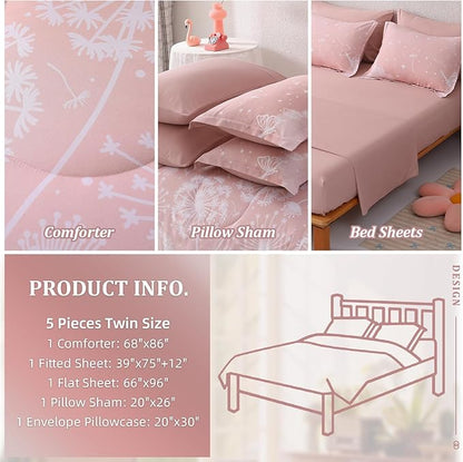 Menghomeus Girls Comforter Set Full Size 7 Pieces Bed in A Bag Ombre Pink Bedding Set Dandelion Butterfly Print Kids Bedding Collections