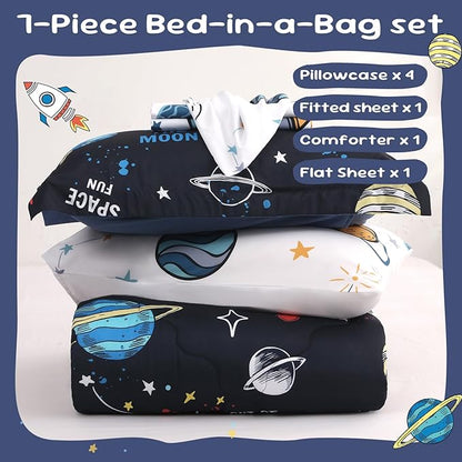 Wajade Kids Space Comforter Set Bed in A Bag Full Size 7 Piece 3D Space Rocket Planets Bedding Set for Teens Boys Girls (1 Comforter, 1 Flat Sheet, 1 Fitted Sheet, 2 Pillowcase and 2 Pillow Sham)