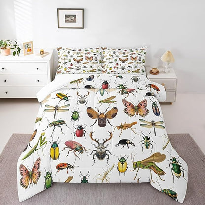 3D Insects Bedding Sets Queen,Ladybug Moth Beetle Duvet Cover 3Pcs for Kids Teens Woman Men Room Decor,Dragonfly Wildlife Quilt Cover Reptile Entomology Theme Comforter Cover,2 Pillowcases