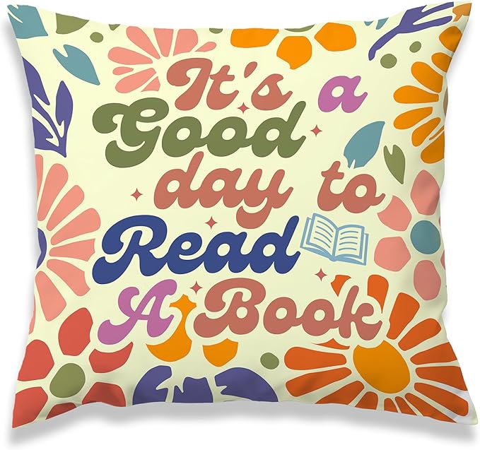 It's A Good Day to Read A Book Classroom Decorative Throw Pillow Covers, Floral Reading Pillows Covers for Kids, Flower Retro Pillow Cases Decor for Library Reading Nook Corner Couch 18x18in