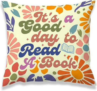 It's A Good Day to Read A Book Classroom Decorative Throw Pillow Covers, Floral Reading Pillows Covers for Kids, Flower Retro Pillow Cases Decor for Library Reading Nook Corner Couch 18x18in