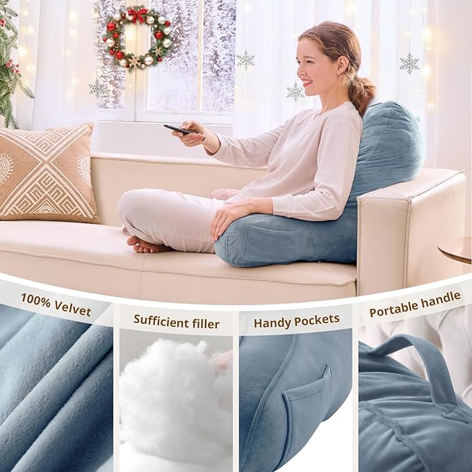 Sasttie Reading Pillow, Pillows for Reading or Relaxing – Ergonomic Support for Head, Neck, Back, and Lumbar, 21-Inch, Greyish Blue