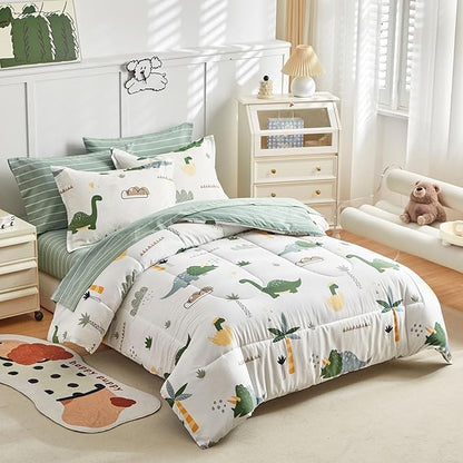 Joyreap Bed in a Bag Cotton, Dinosaur Theme Fresh Green, Queen Size 7-Piece Cotton Bedding Comforter Set for Kids Boys n Girls- 1 Comforter, 2 Pillow Shams, 1 Flat Sheet, 1 Fitted Sheet, 2 Pillowcases