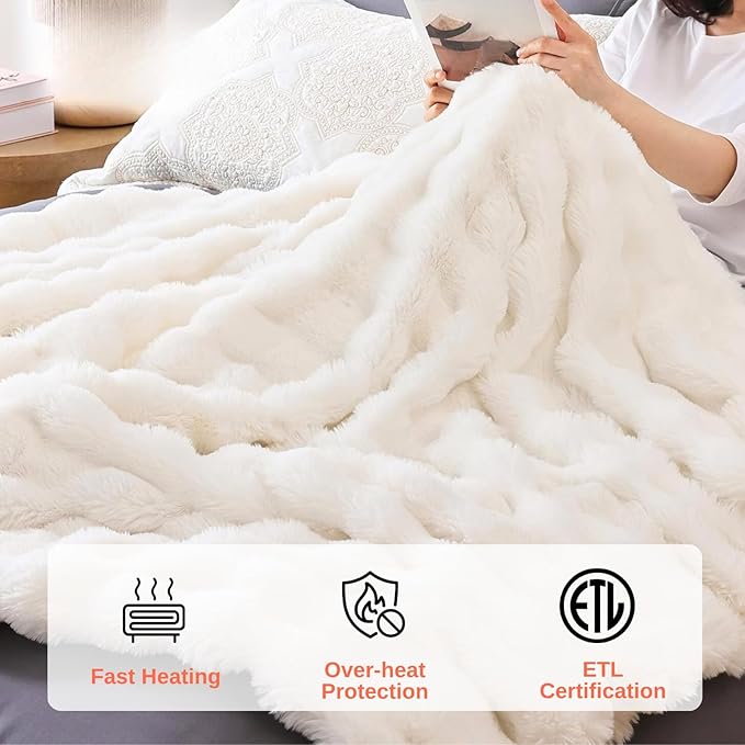 Electric Heated Blanket Throw 50"x60" White Ultra Soft Luxury Fluffy Faux Rabbit Fur Machine Washable 6 Heat Settings 4 Hours Auto Off Overheat Protection for Home Office Use