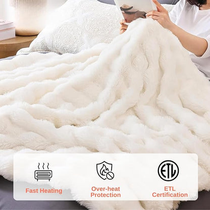 Electric Heated Blanket Throw 50"x60" White Ultra Soft Luxury Fluffy Faux Rabbit Fur Machine Washable 6 Heat Settings 4 Hours Auto Off Overheat Protection for Home Office Use