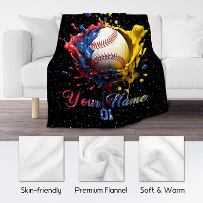 Personalized Baseball Blanket, Custom Baseball Gifts for Kids Boys Men, Sport Throw Blankets for Adults Team Player, Soft Flannel Throws Gift Home Decor (Colorful, 60x80 Inch)