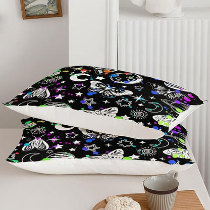 Cartoon Cosmic Planets Comforter Set for Kids, Butterfly and Moth Bedding Set with Colorful Spot Design, Star Pattern Black Comforter Bedroom Decoration Full Size