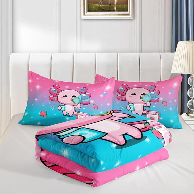 QOOMO Kawaii Axolotl Comforter,Pink Salamander Comforter Set for Kids Teens Girls,3Pcs Bedding Set Printed Comforter with 2 Pillowcases,Down Alternative,Soft and Lightweight(Pink，Twin Size)