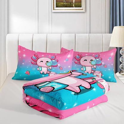QOOMO Kawaii Axolotl Comforter,Pink Salamander Comforter Set for Kids Teens Girls,3Pcs Bedding Set Printed Comforter with 2 Pillowcases,Down Alternative,Soft and Lightweight(Pink，Queen Size)