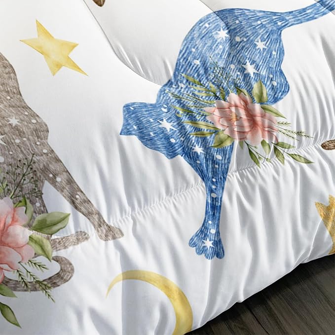 Flowers Cat Bedding Twin Cartoon Stars Moon Comforter 3 Pieces Colored Cute Cats Comforter Set for Teens Kids Boys Girls Adults Kawaii Cat Quilt with 1 Comforter and 2 Pillowcases