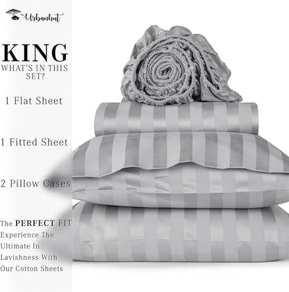URBANHUT 1000 Thread Count Egyptian Cotton Sheets Striped King Size, Breathable Long Staple, 4 Pc Bed Sheet Sets, Luxury Hotel Sateen Sheets Fits 16" Deep Pocket - Silver Grey