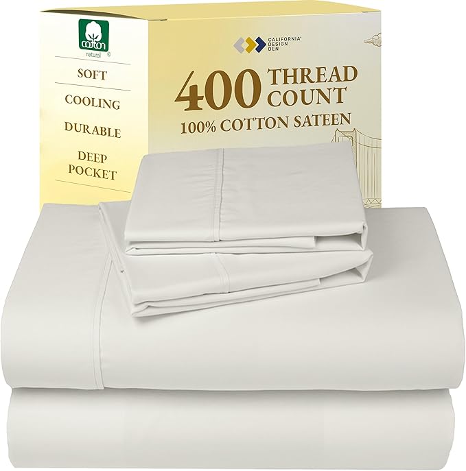 California Design Den Natural 100% Cotton Sheets, Full Size Sheets Set, 400 Thread Count Sateen, Deep Pockets with All-Around Elastic for a Snug Fit, Durable Bedding Set - Ivory (Pale Tone)