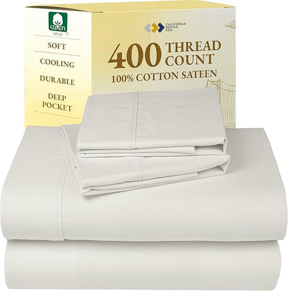 California Design Den Natural 100% Cotton Sheets, Full Size Sheets Set, 400 Thread Count Sateen, Deep Pockets with All-Around Elastic for a Snug Fit, Durable Bedding Set - Ivory (Pale Tone)