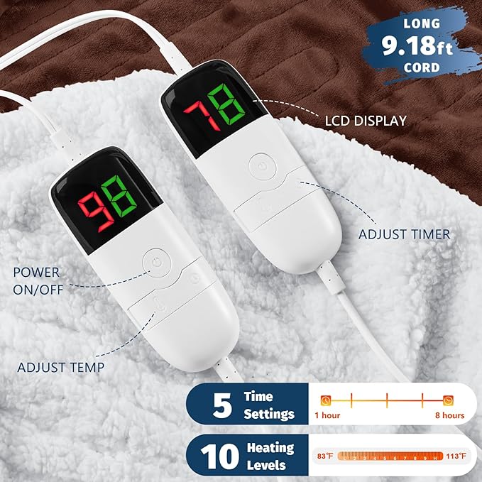Heated Electric Blanket King Size - 90" x 100" Heating Blanket with Dual Control, 10 Heating Levels & 8 Hours Auto Off, Soft Warm Flannel Blanket, Christmas Birthday Gifts for Senior Grandma