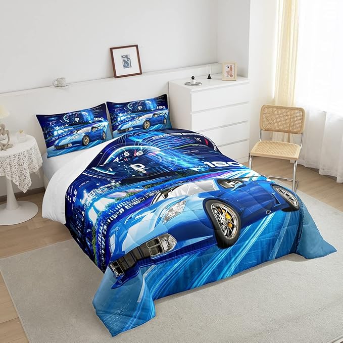 Feelyou Boys Race Car Down Duvet Cool Sports Car Comforter Set for Kids Boys Girls Extreme Sports Bedding Set Blue Automobile Car Comforter 1 Comforter Set with 2 Pillowcases King Size