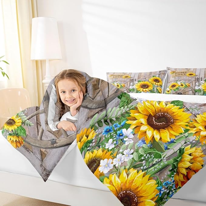 Sunflower Comforter Set Twin Size Rustic Farmhouse Bedding Set Spring Flowers Quilt Set 2pcs for Kids Girls Women Boys Room Decor Home Themed Barn Door Duvet Insert with 1 Pillowcase