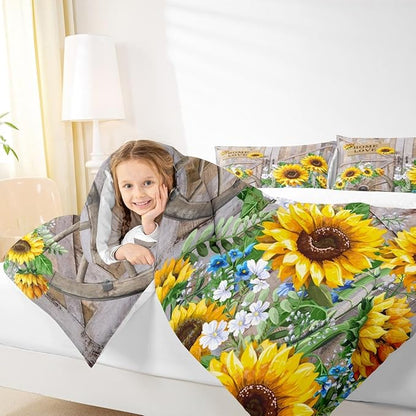 Sunflower Comforter Set Twin Size Rustic Farmhouse Bedding Set Spring Flowers Quilt Set 2pcs for Kids Girls Women Boys Room Decor Home Themed Barn Door Duvet Insert with 1 Pillowcase
