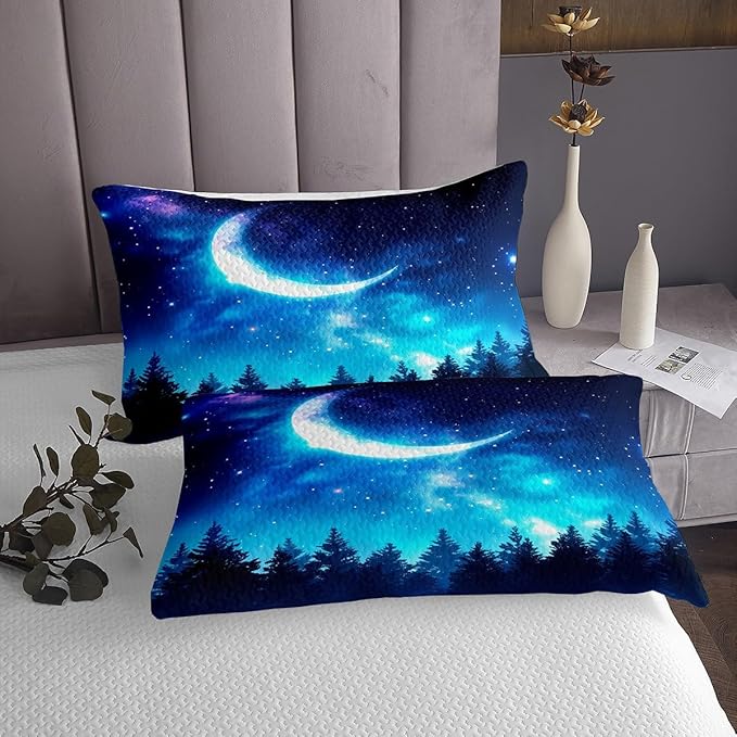 Erosebridal Kids Galaxy Starry Sky Bedspread, Natural Scenery Moon Quilted Twin Size, The Night Sky Bedding Set, Trees Coverlet Set for Kids Girls Teens Children Youth Teenager Juvenile