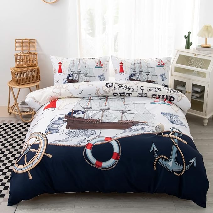 CVHOUSE Nautical Bedding Set Twin Size,Nautical Sailboat Bed for Boys Teens,Ocean Themed Sailing Anchor Comforter Cover Soft,Anchor Duvet Quilt Twin 71'x87'