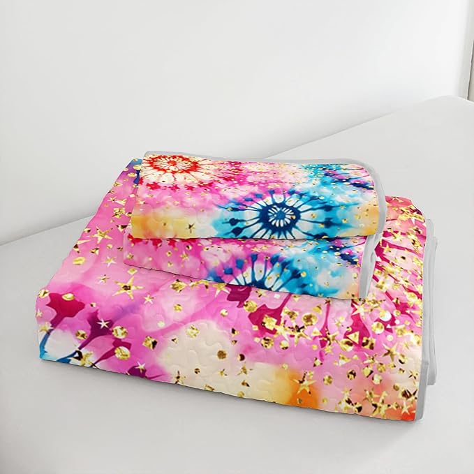 Colorful Tie Dye Quilt Sets Full Size,Bohemian Art Style Watercolor Bedding for Adults Kids Girls Boys Teens Bedroom,Soft Lightweight Microfiber Quilt with 2 Pillowcases.