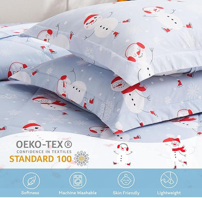 JSD Blue Snowman Kids Comforter Set Twin Size, 2 PC Christmas Winter Printed Microfiber Bedding Set