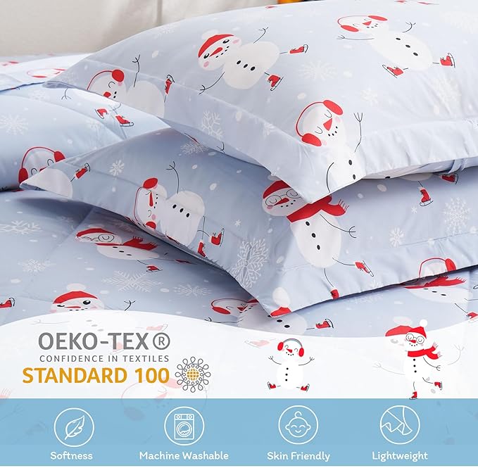 JSD Blue Snowman Kids Comforter Set Full Size, 3 PC Christmas Winter Printed Microfiber Bedding Set for Boys Girls Teens