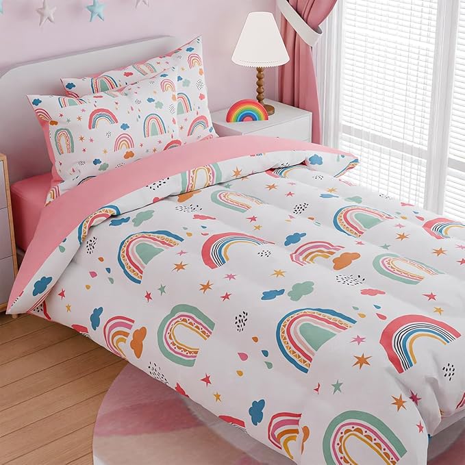 SANDJEST Rainbow Full Bedding Set for Girls, Ultra Soft Microfiber Comforter Set Full Size with 4-Pieces for Kids Teen, Bed Set Comforters for Bedroom Decor