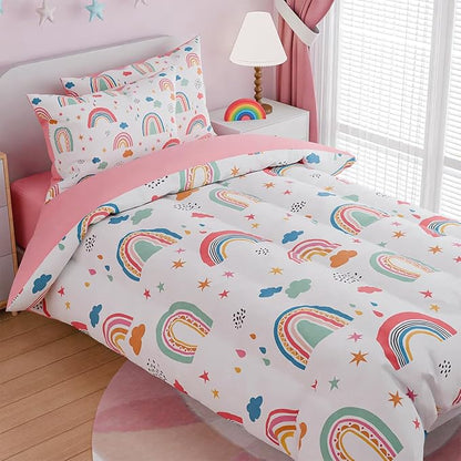 SANDJEST Rainbow Full Bedding Set for Girls, Ultra Soft Microfiber Comforter Set Full Size with 4-Pieces for Kids Teen, Bed Set Comforters for Bedroom Decor