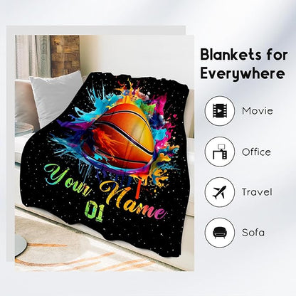 Personalized Basketball Blanket for Girls, Custom Basketball Gifts for Boys Adults Sport Lovers, Kids Throw Blankets for Team Player Couch Sofa Home Decor (Colorful, 40x50 Inch)