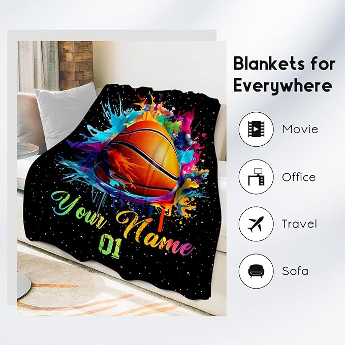 Personalized Basketball Blanket for Girls, Custom Basketball Gifts for Boys Adults Sport Lovers, Kids Throw Blankets for Team Player Bed Living Room Home Decor (Colorful, 60x80 Inch)